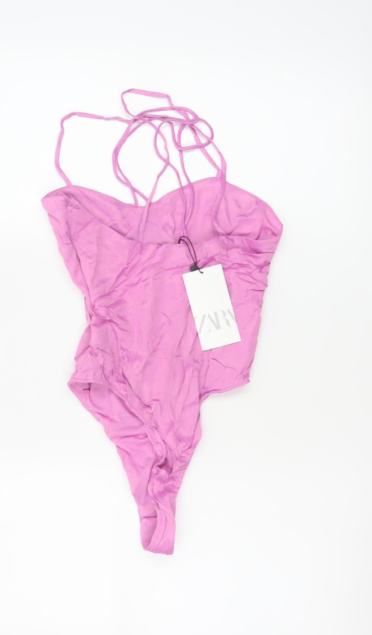 Zara Women Pink S Strappy Ruched Stretch Bodysuit Party Clubwear