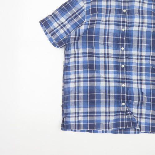 Lands' End Women Blue Plaid Short Sleeve Button-Up Shirt M Regular