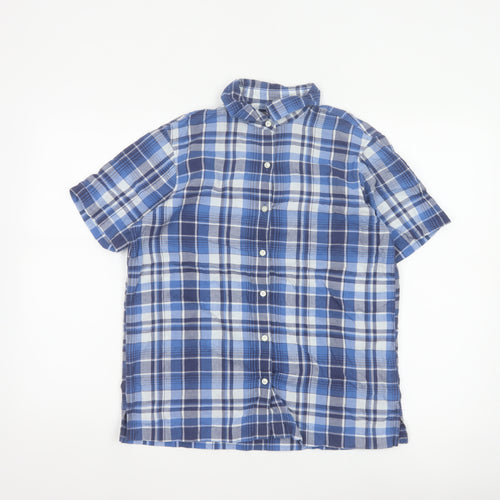 Lands' End Women Blue Plaid Short Sleeve Button-Up Shirt M Regular