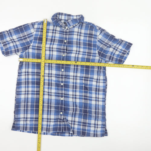 Lands' End Women Blue Plaid Short Sleeve Button-Up Shirt M Regular