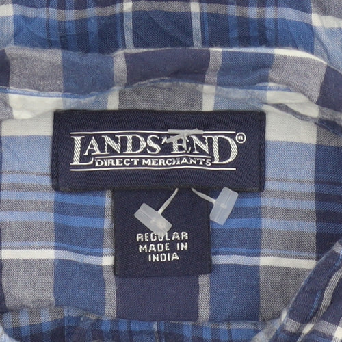 Lands' End Women Blue Plaid Short Sleeve Button-Up Shirt M Regular