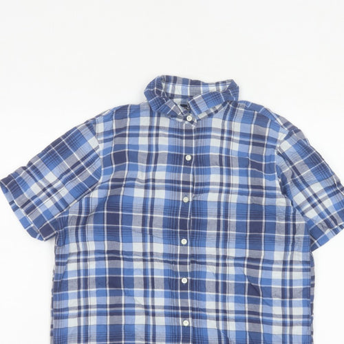 Lands' End Women Blue Plaid Short Sleeve Button-Up Shirt M Regular