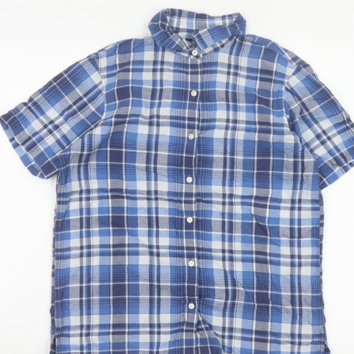 Lands' End Women Blue Plaid Short Sleeve Button-Up Shirt M Regular