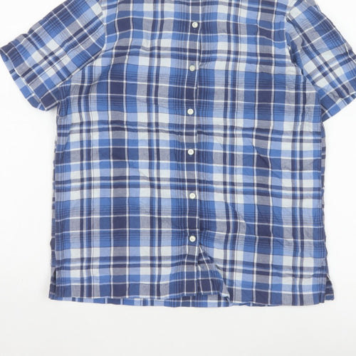 Lands' End Women Blue Plaid Short Sleeve Button-Up Shirt M Regular