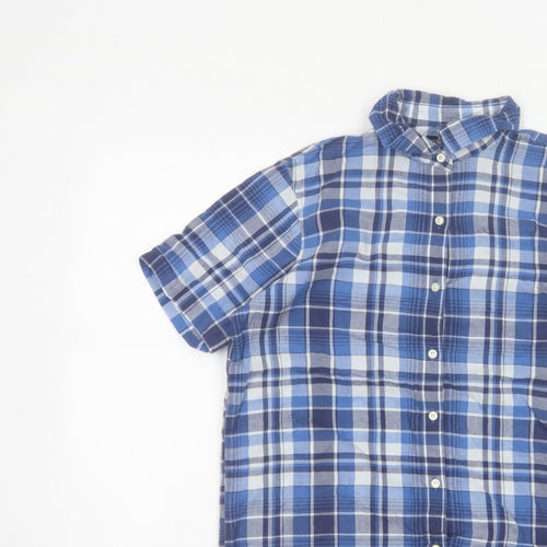 Lands' End Women Blue Plaid Short Sleeve Button-Up Shirt M Regular