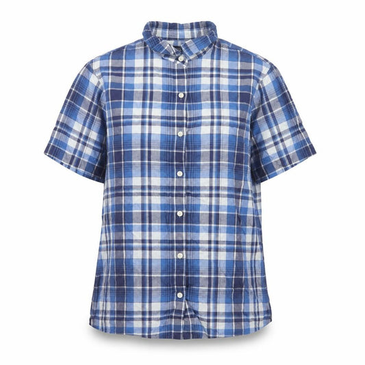 Lands' End Women Blue Plaid Short Sleeve Button-Up Shirt M Regular