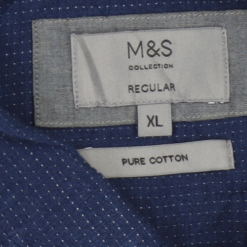 Marks & Spencer Men Blue XL Regular Cotton Short Sleeve Button-Up Shirt