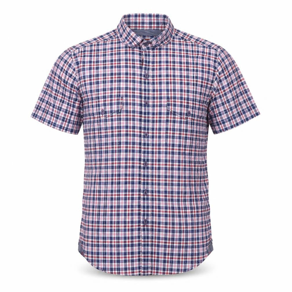 Front view of Harvey Parker Men’s Blue Check Short Sleeve Button-Up Shirt, size S