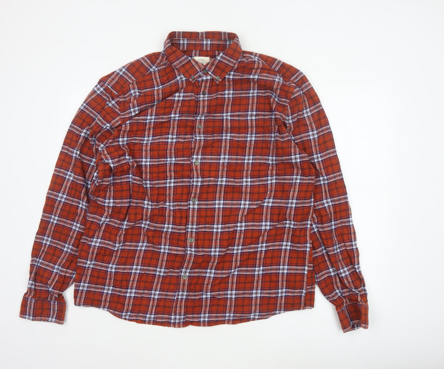 Marks & Spencer Men's Red 2XL Regular Fit Plaid Flannel Button-Up Shirt