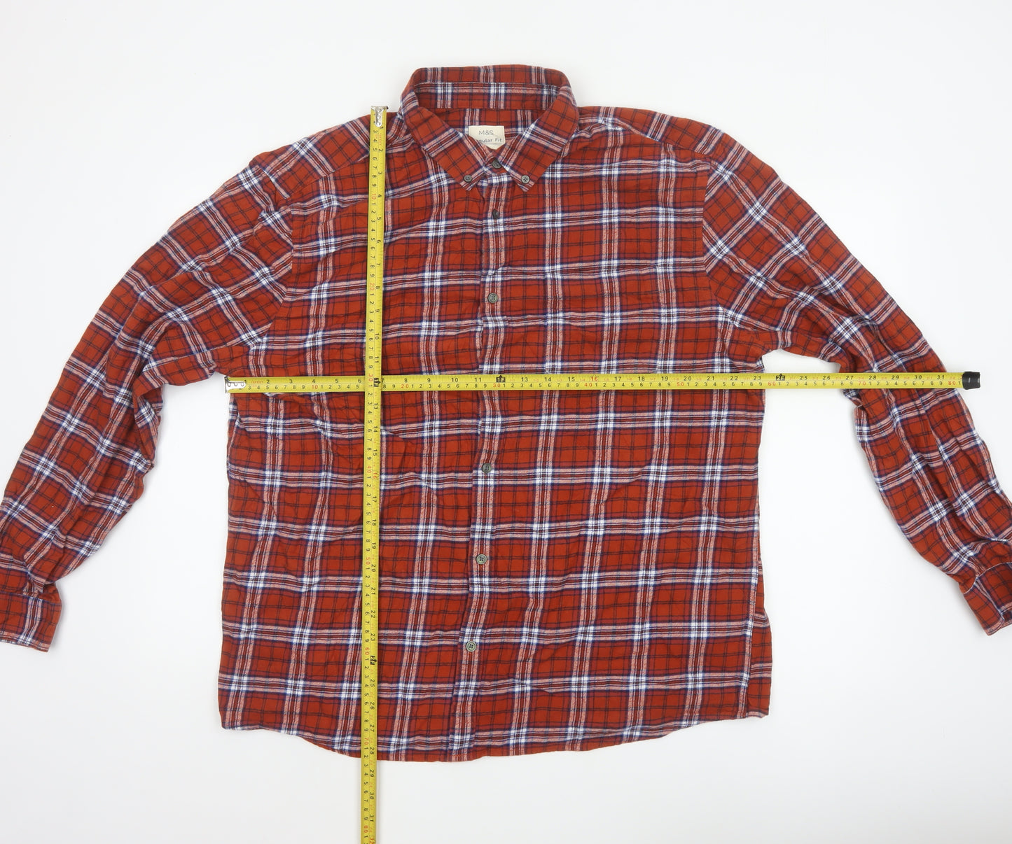 Marks & Spencer Men's Red 2XL Regular Fit Plaid Flannel Button-Up Shirt