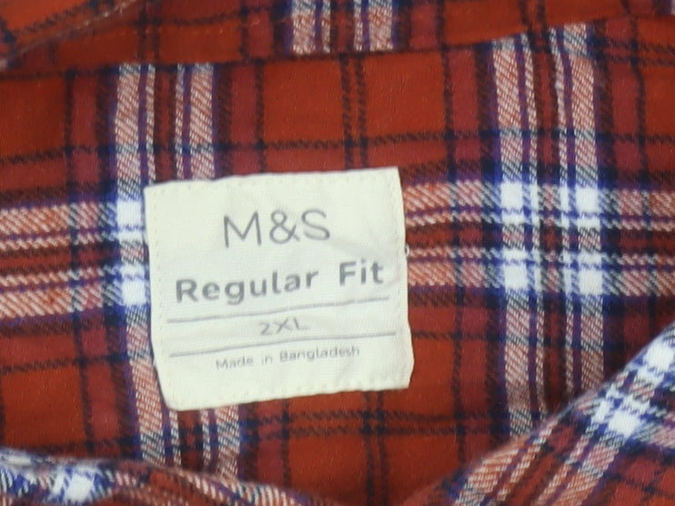 Marks & Spencer Men's Red 2XL Regular Fit Plaid Flannel Button-Up Shirt