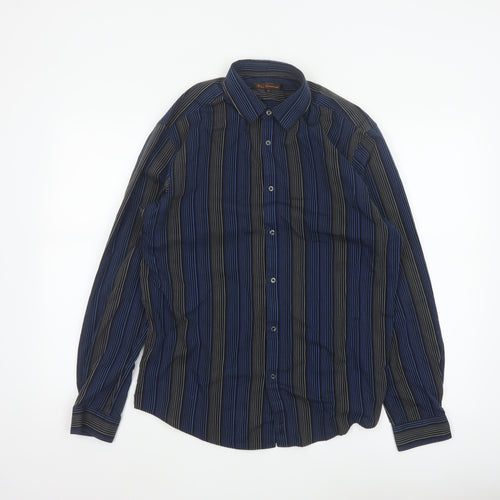 Ben Sherman Men Blue Black Striped Button-Up Shirt M Long Sleeve