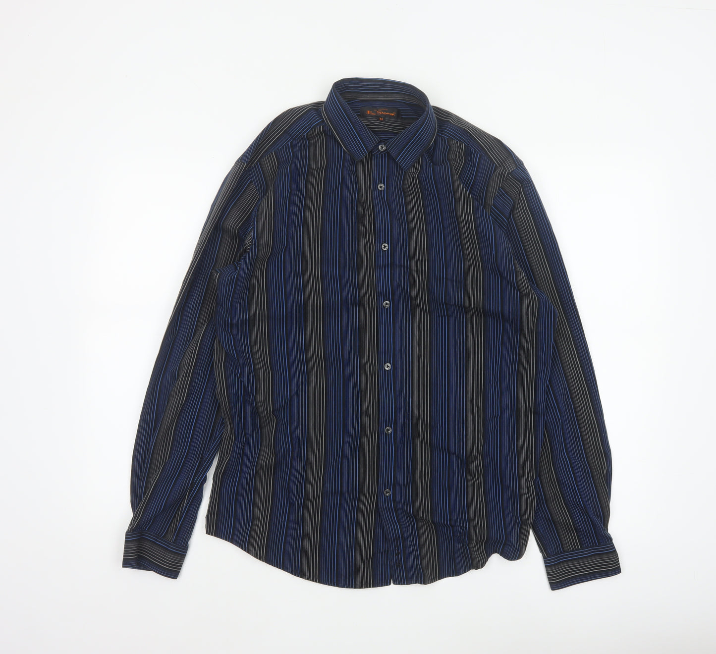Ben Sherman Men Blue Black Striped Button-Up Shirt M Long Sleeve