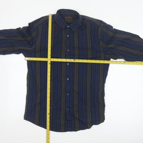 Ben Sherman Men Blue Black Striped Button-Up Shirt M Long Sleeve
