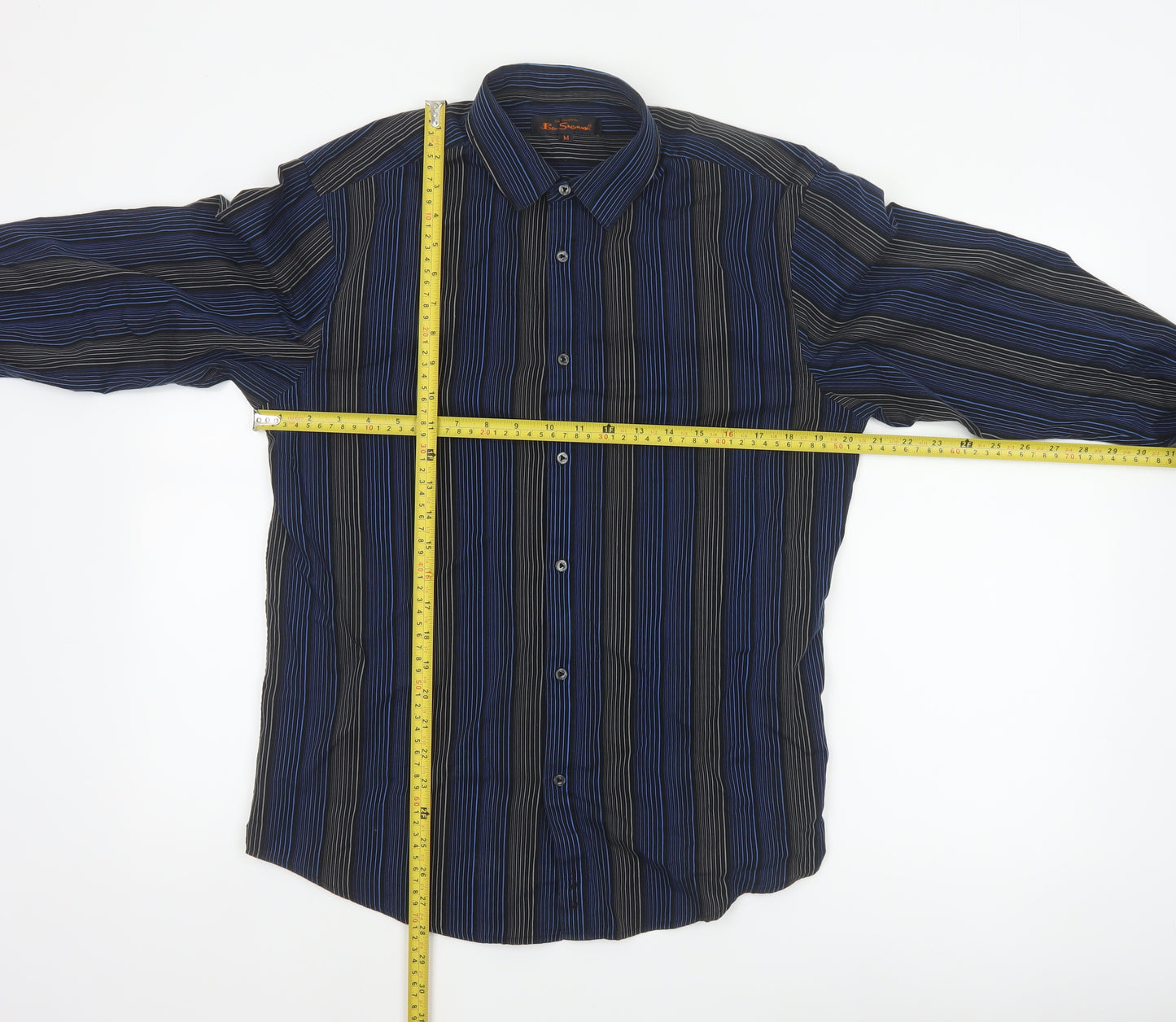 Ben Sherman Men Blue Black Striped Button-Up Shirt M Long Sleeve