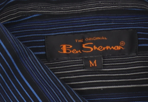 Ben Sherman Men Blue Black Striped Button-Up Shirt M Long Sleeve