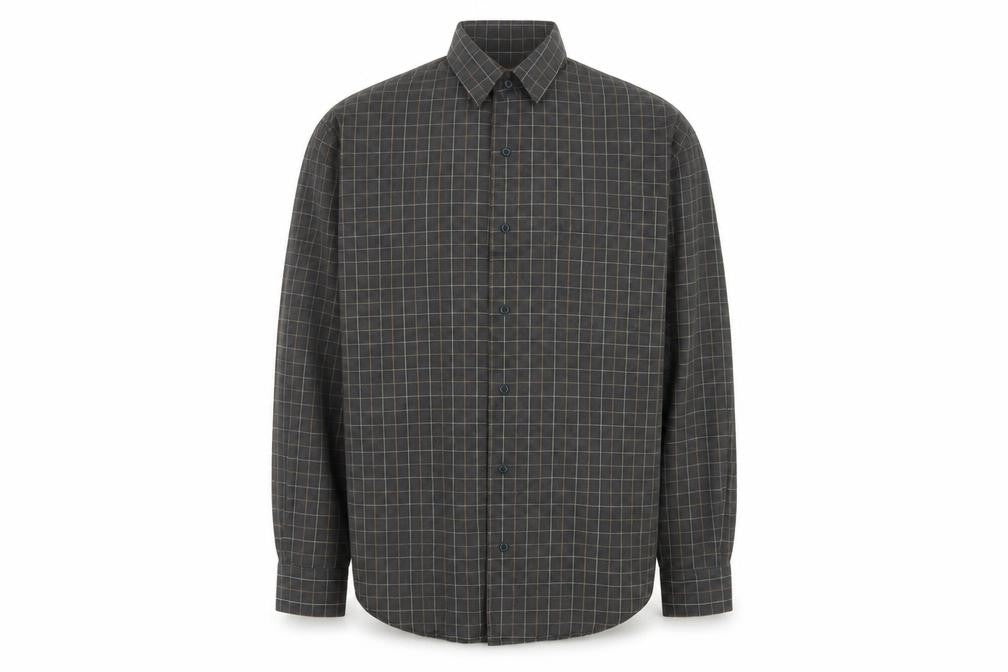 Front view of Timberland Men Grey Check XL Cotton Long Sleeve Button-Up Shirt