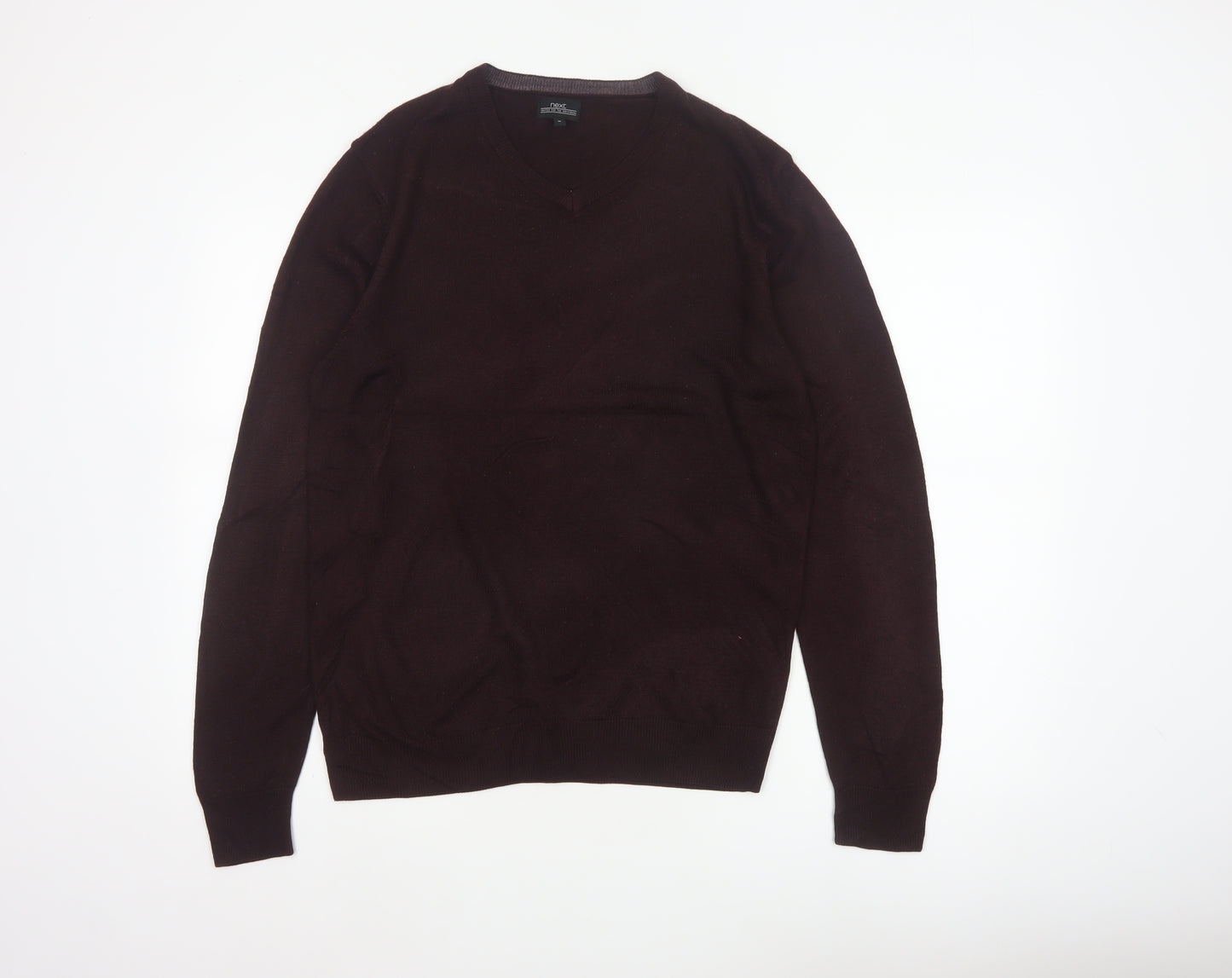 Next Men's Brown M V-Neck Fine Knit Acrylic Pullover Jumper