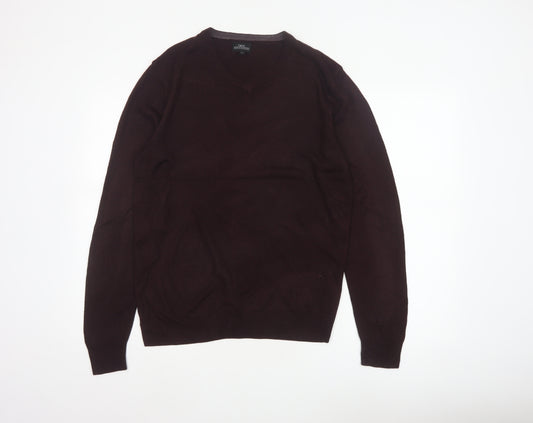 Next Men's Brown M V-Neck Fine Knit Acrylic Pullover Jumper