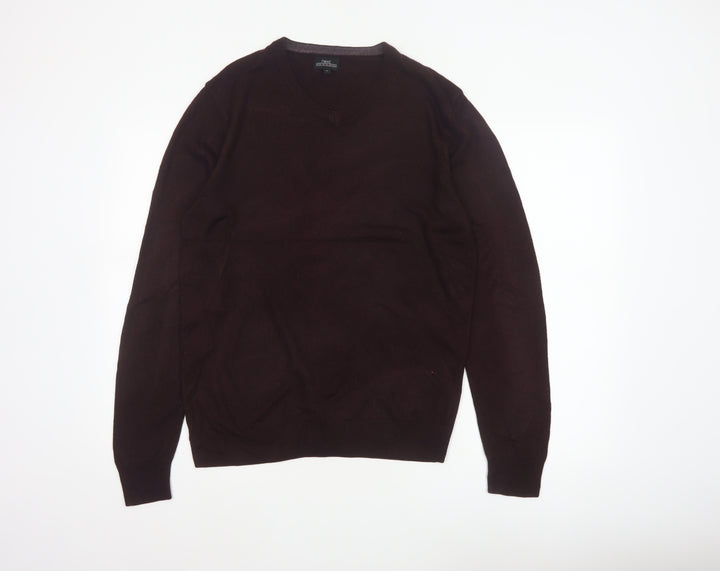 Next Men's Brown M V-Neck Fine Knit Acrylic Pullover Jumper