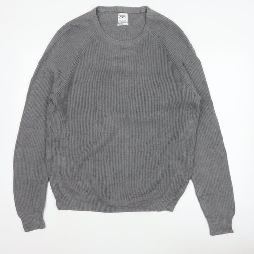 Zara Men Grey XL Fine Cotton Ribbed Crew Neck Pullover Jumper