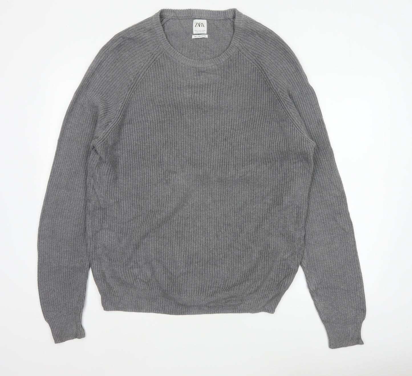 Zara Men Grey XL Fine Cotton Ribbed Crew Neck Pullover Jumper