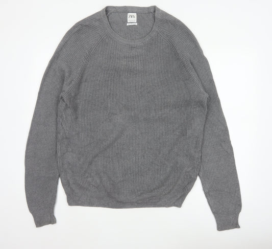 Zara Men Grey XL Fine Cotton Ribbed Crew Neck Pullover Jumper