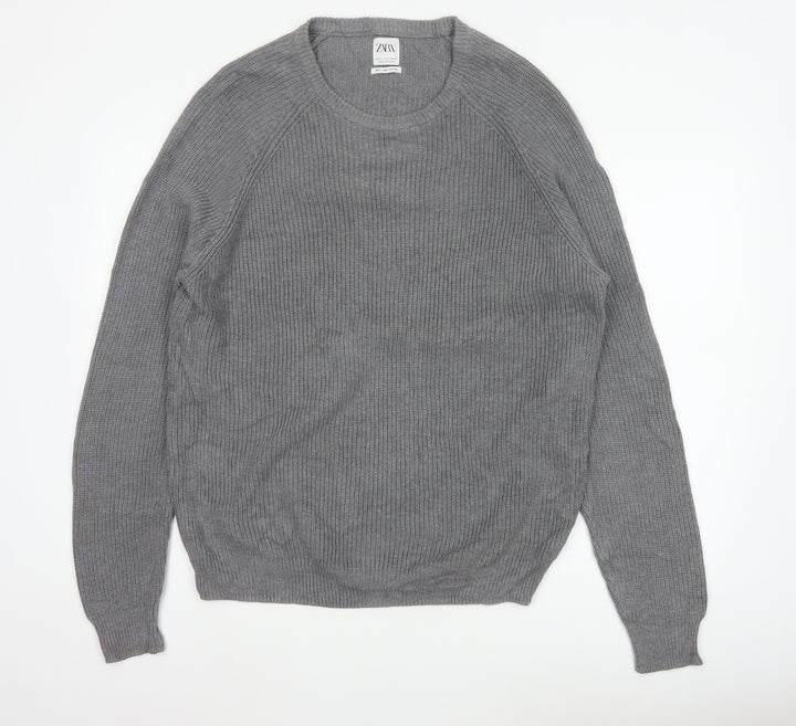 Zara Men Grey XL Fine Cotton Ribbed Crew Neck Pullover Jumper