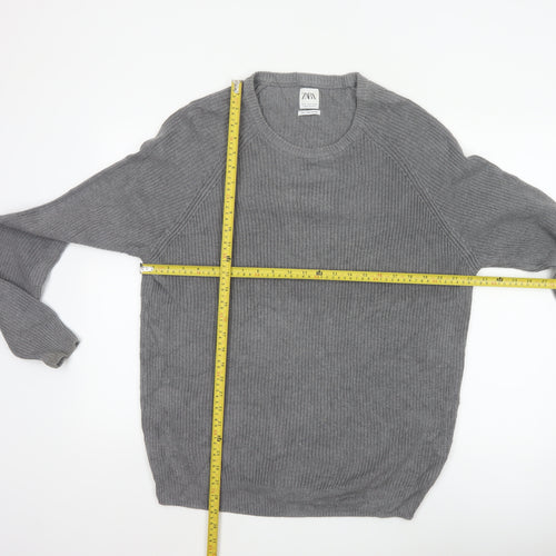 Zara Men Grey XL Fine Cotton Ribbed Crew Neck Pullover Jumper