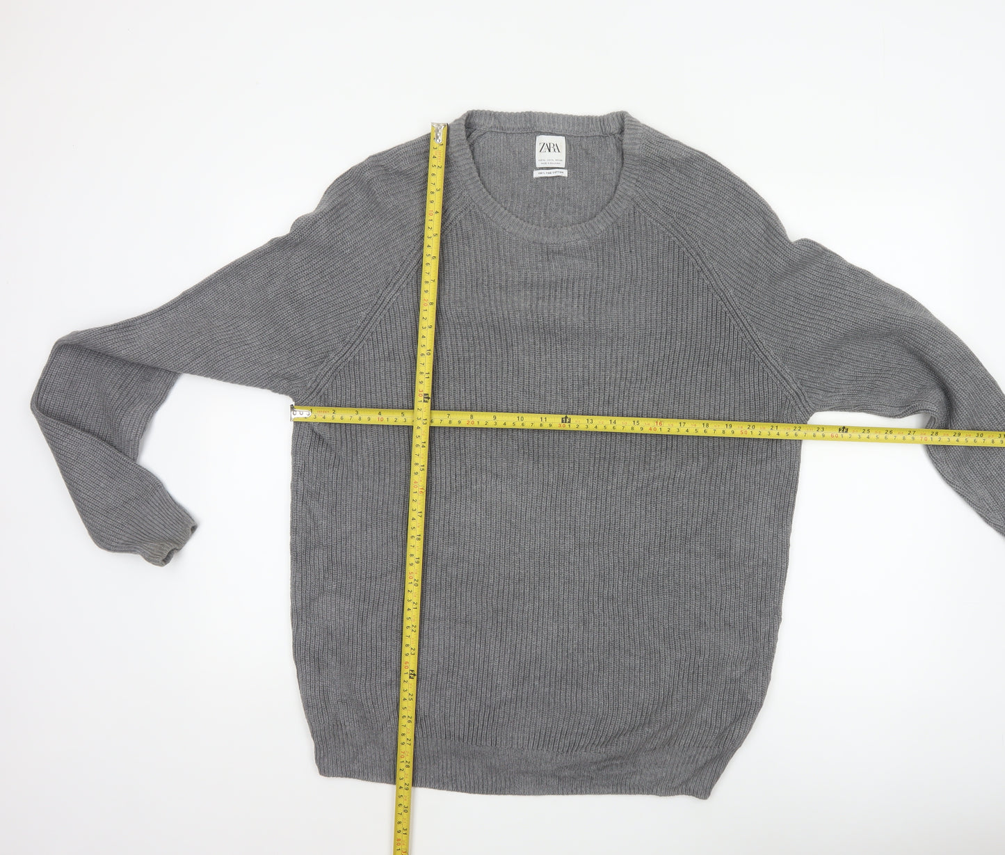 Zara Men Grey XL Fine Cotton Ribbed Crew Neck Pullover Jumper