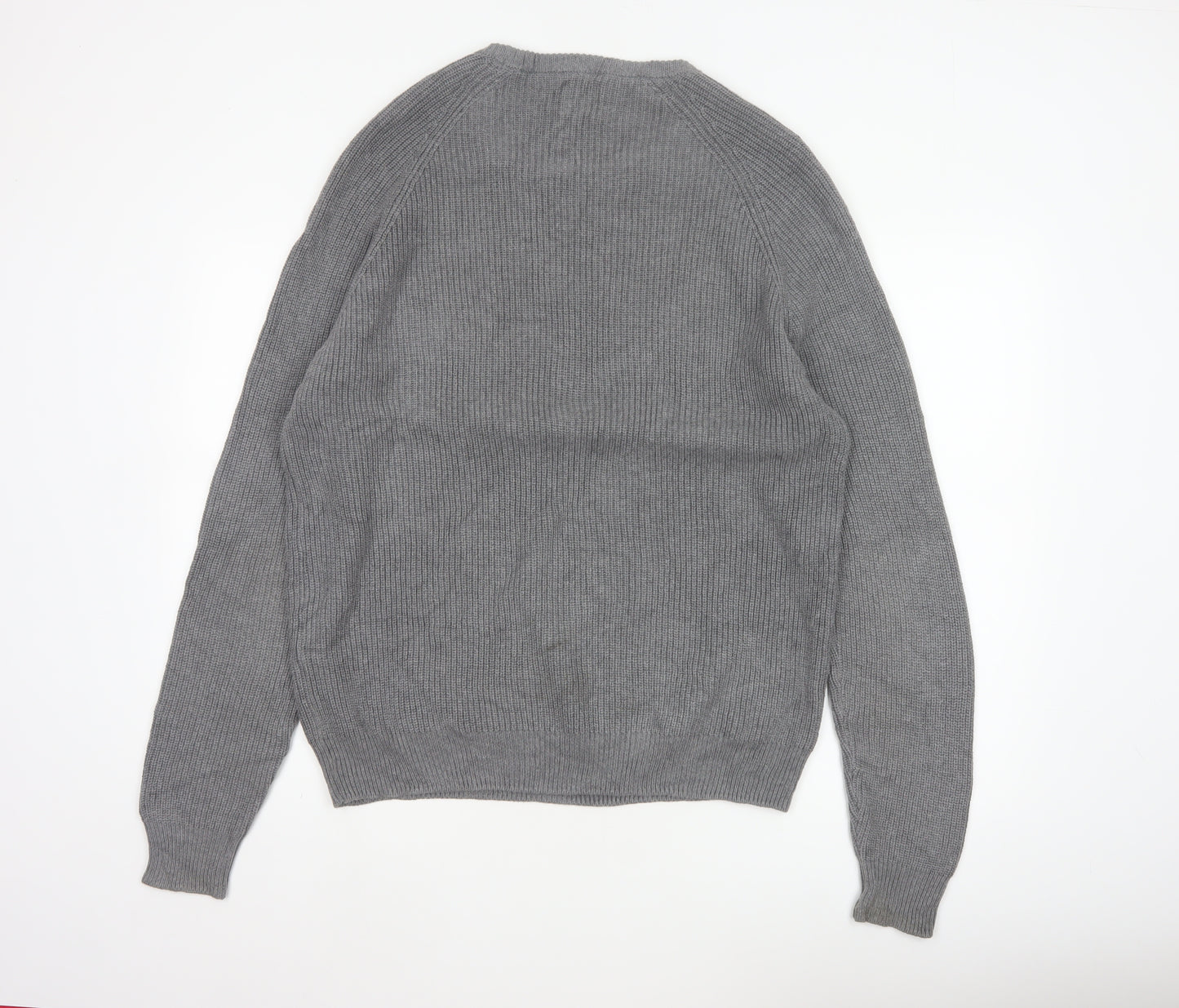 Zara Men Grey XL Fine Cotton Ribbed Crew Neck Pullover Jumper