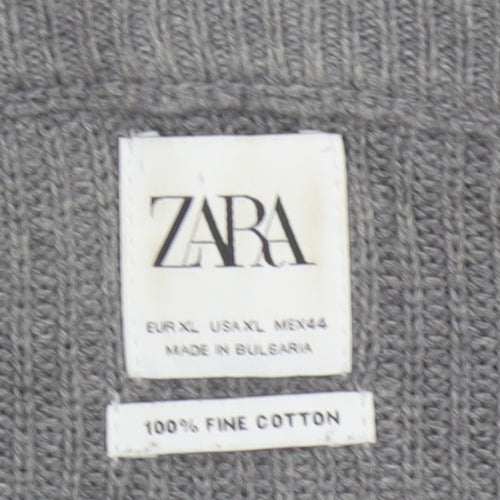 Zara Men Grey XL Fine Cotton Ribbed Crew Neck Pullover Jumper