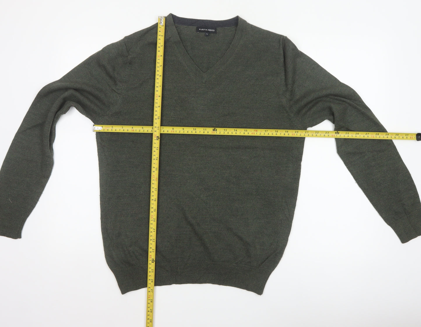 Austin Reed Men’s Green V-Neck Wool Blend Pullover Jumper Size L