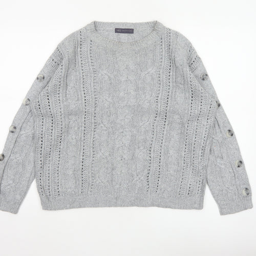 Marks & Spencer Women Grey UK 12 Cable Knit Button Sleeve Jumper