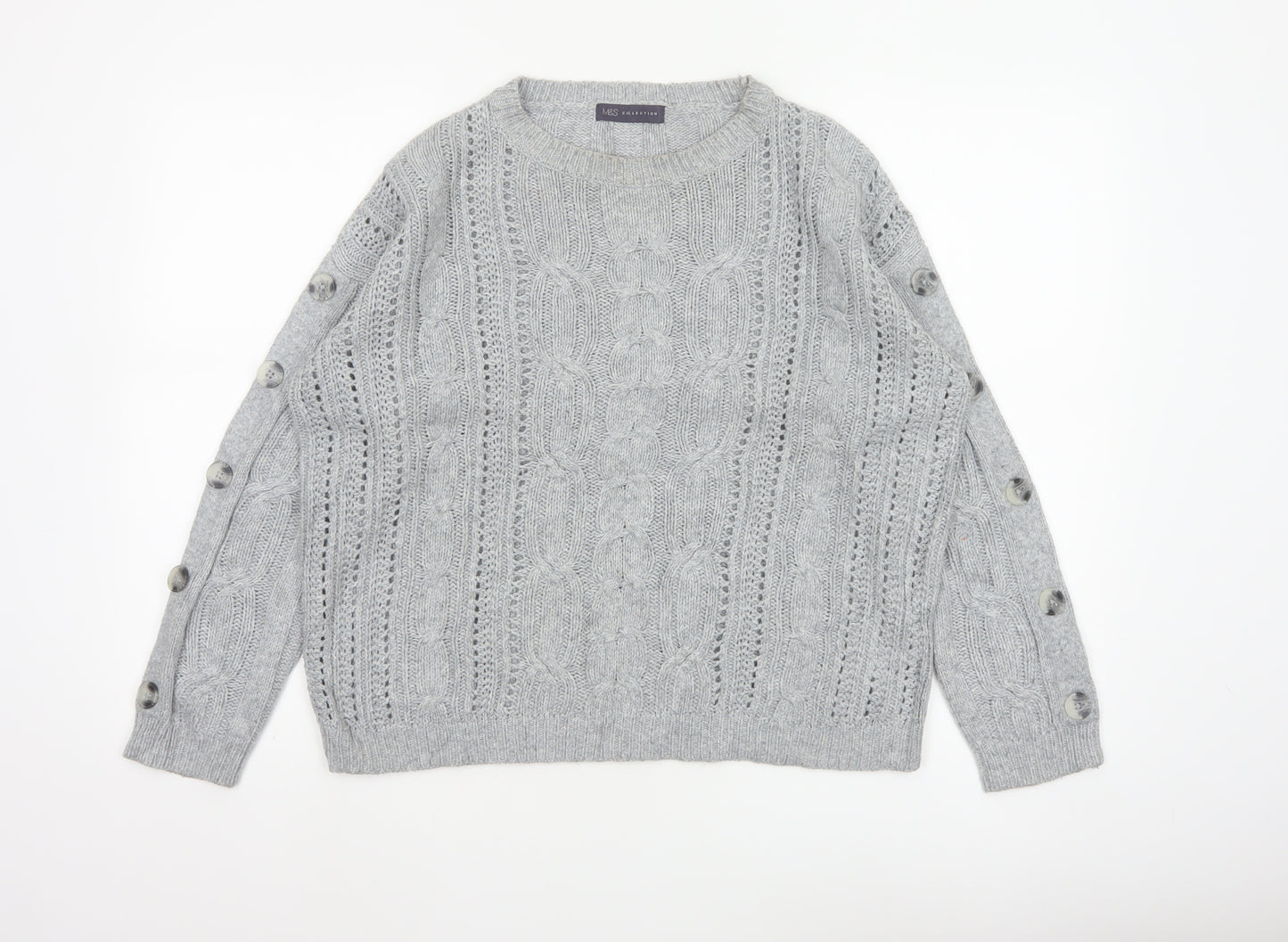 Marks & Spencer Women Grey UK 12 Cable Knit Button Sleeve Jumper