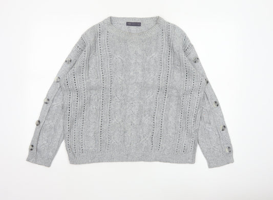 Marks & Spencer Women Grey UK 12 Cable Knit Button Sleeve Jumper