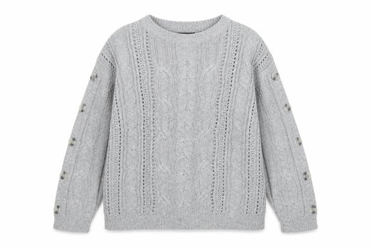 Marks & Spencer Women Grey UK 12 Cable Knit Button Sleeve Jumper