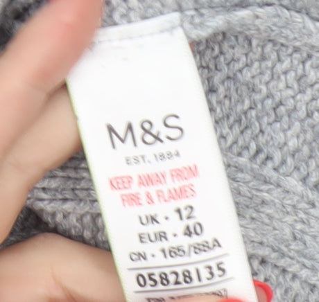 Marks & Spencer Women Grey UK 12 Cable Knit Button Sleeve Jumper