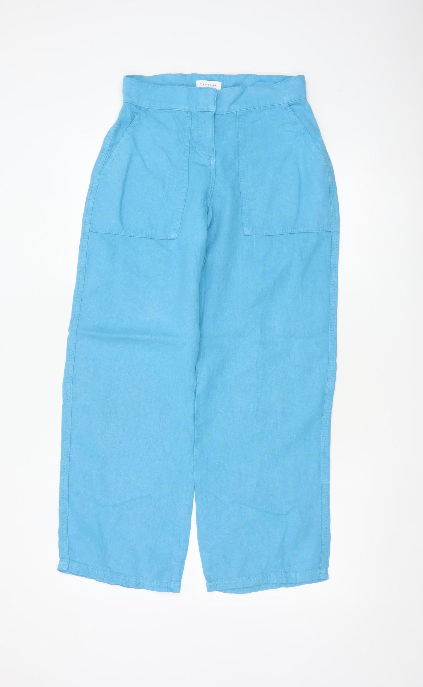 Topshop Women Blue Linen Wide-Leg Trousers Petite UK 4 High Rise