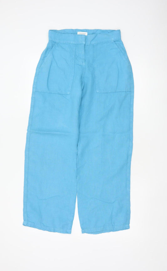 Topshop Women Blue Linen Wide-Leg Trousers Petite UK 4 High Rise