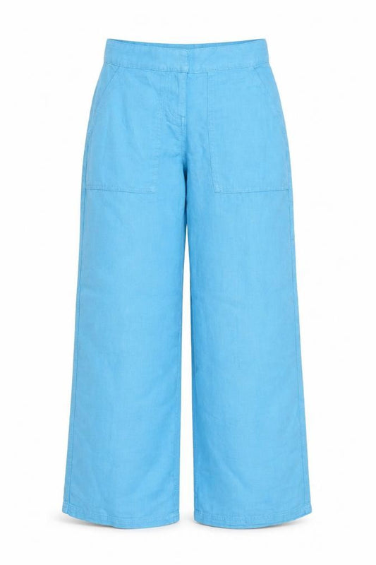 Topshop Women Blue Linen Wide-Leg Trousers Petite UK 4 High Rise