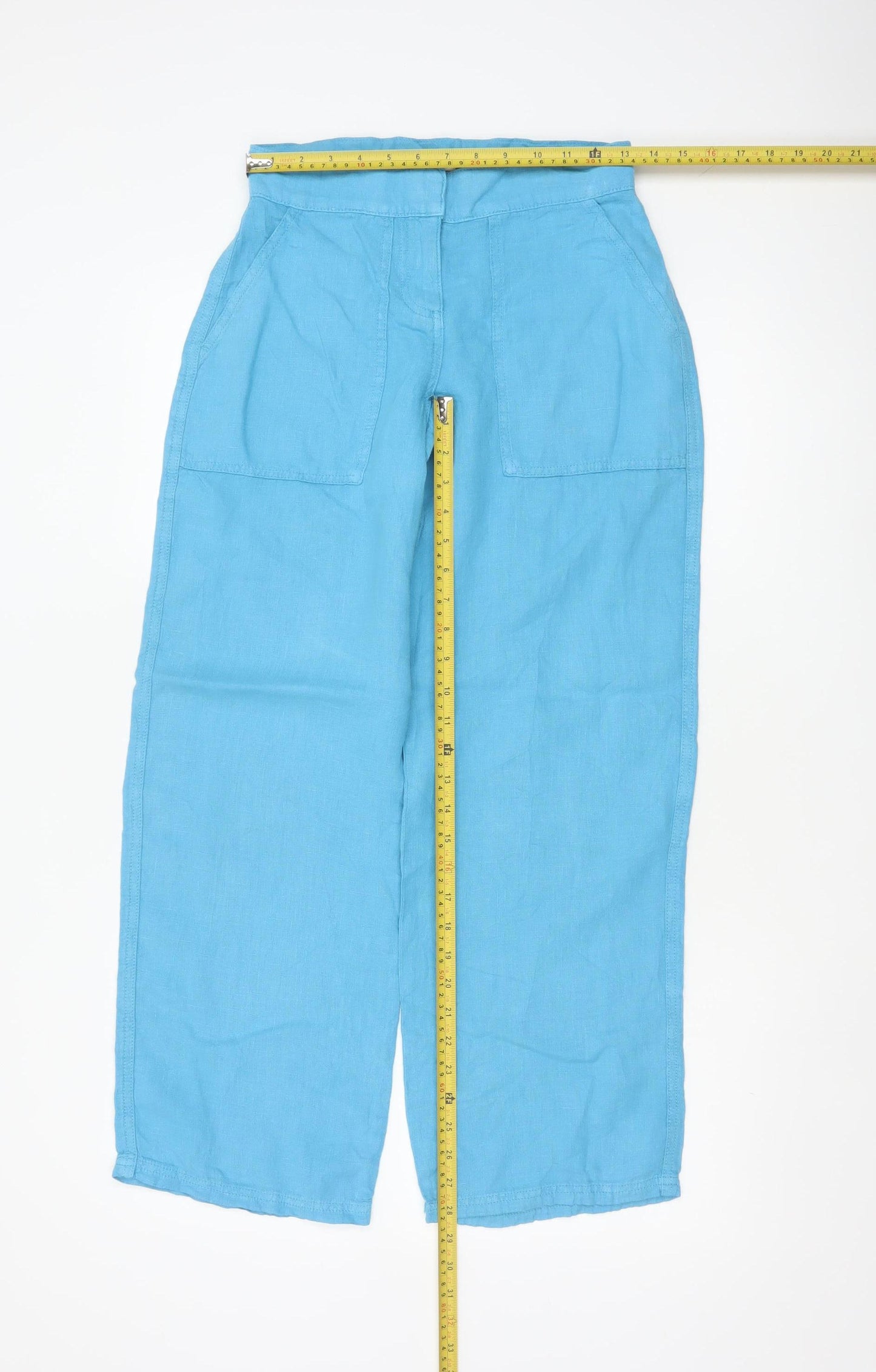 Topshop Women Blue Linen Wide-Leg Trousers Petite UK 4 High Rise