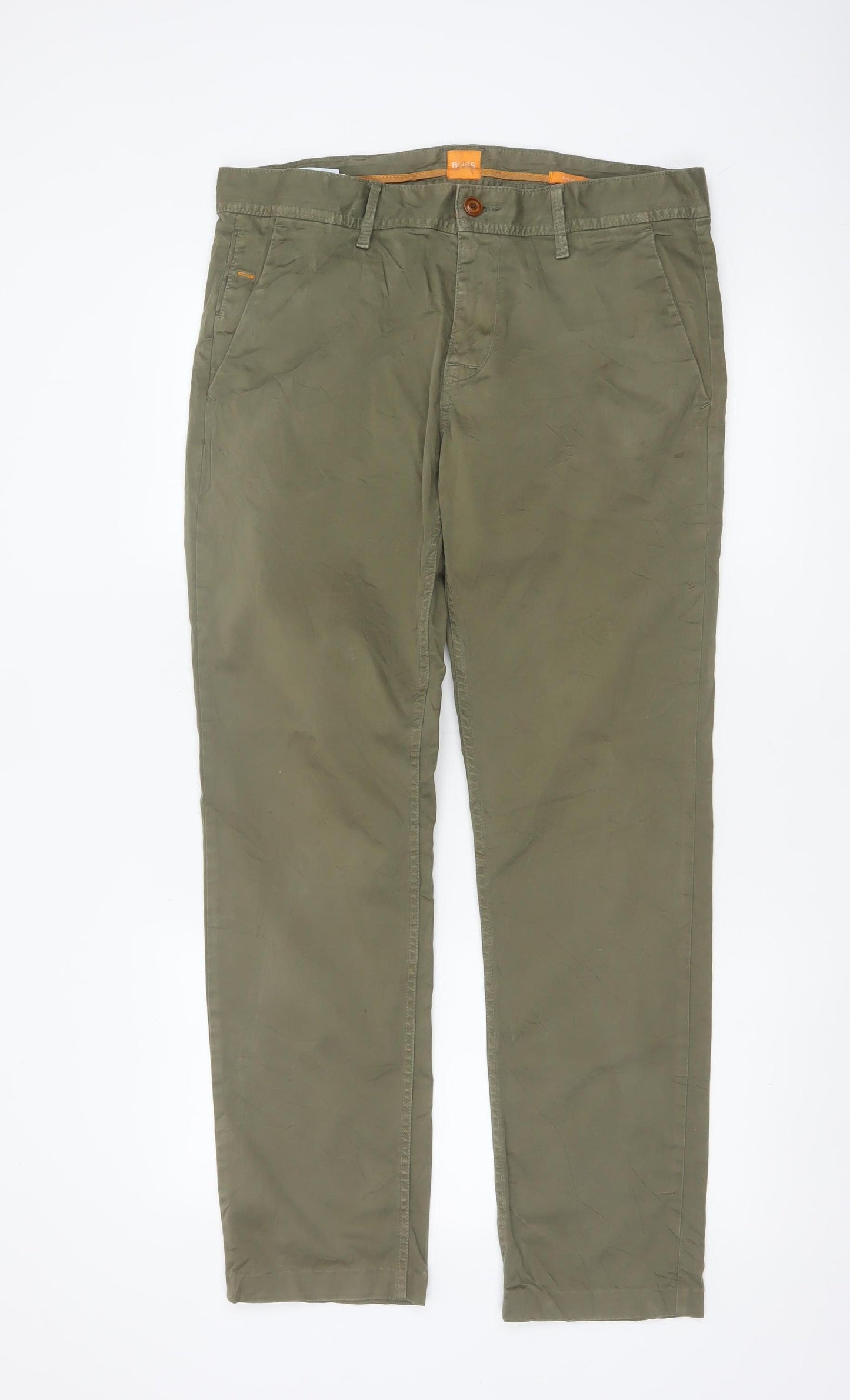 Hugo Boss Men’s Green 34/34 Cotton Stretch Chino Straight Trousers
