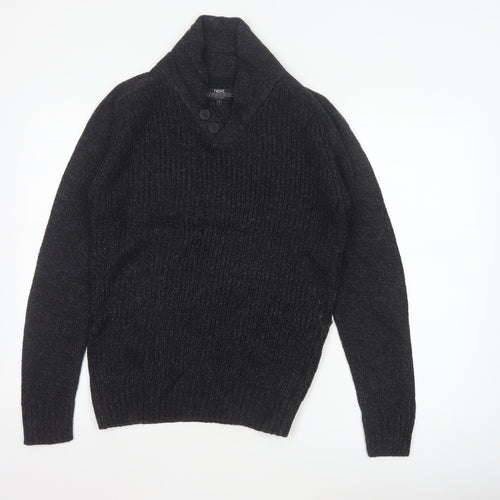 Next Men Black Small Henley Jumper Chunky Knit Button High Neck