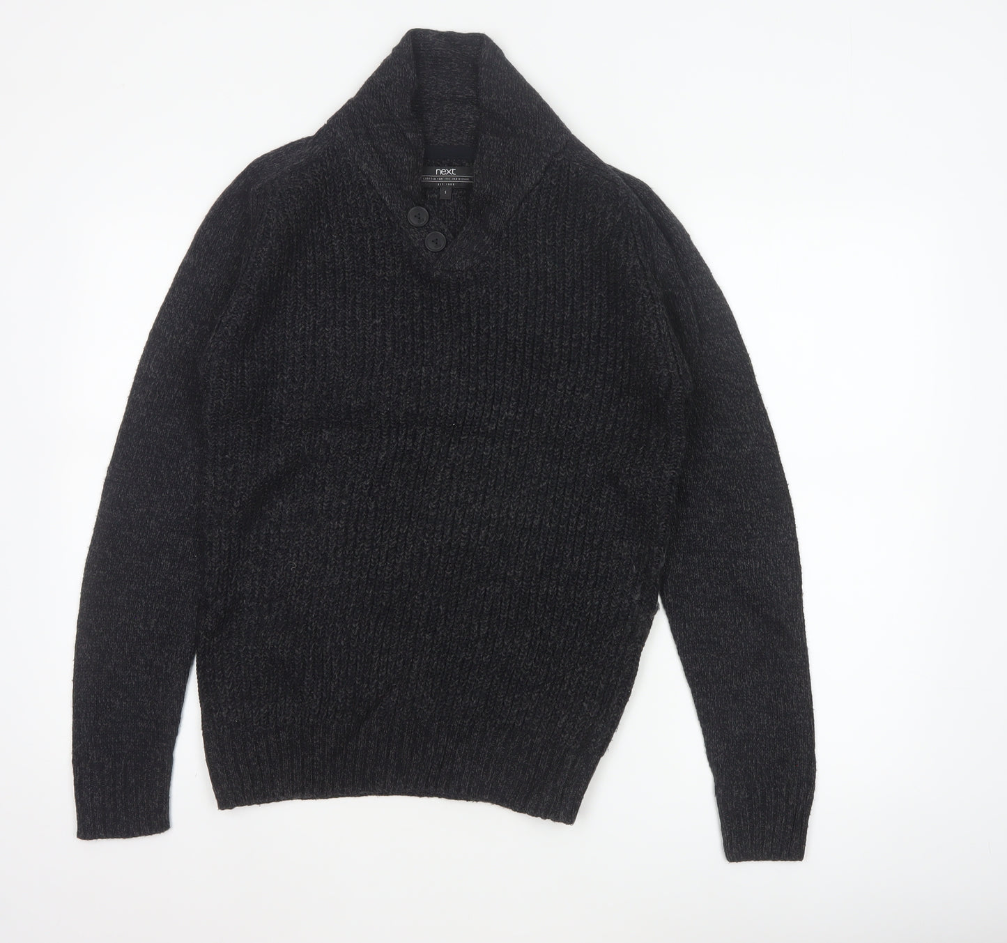 Next Men Black Small Henley Jumper Chunky Knit Button High Neck