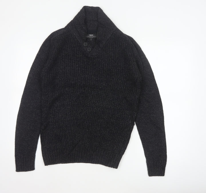 Next Men Black Small Henley Jumper Chunky Knit Button High Neck