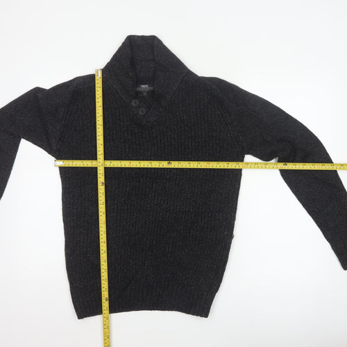 Next Men Black Small Henley Jumper Chunky Knit Button High Neck