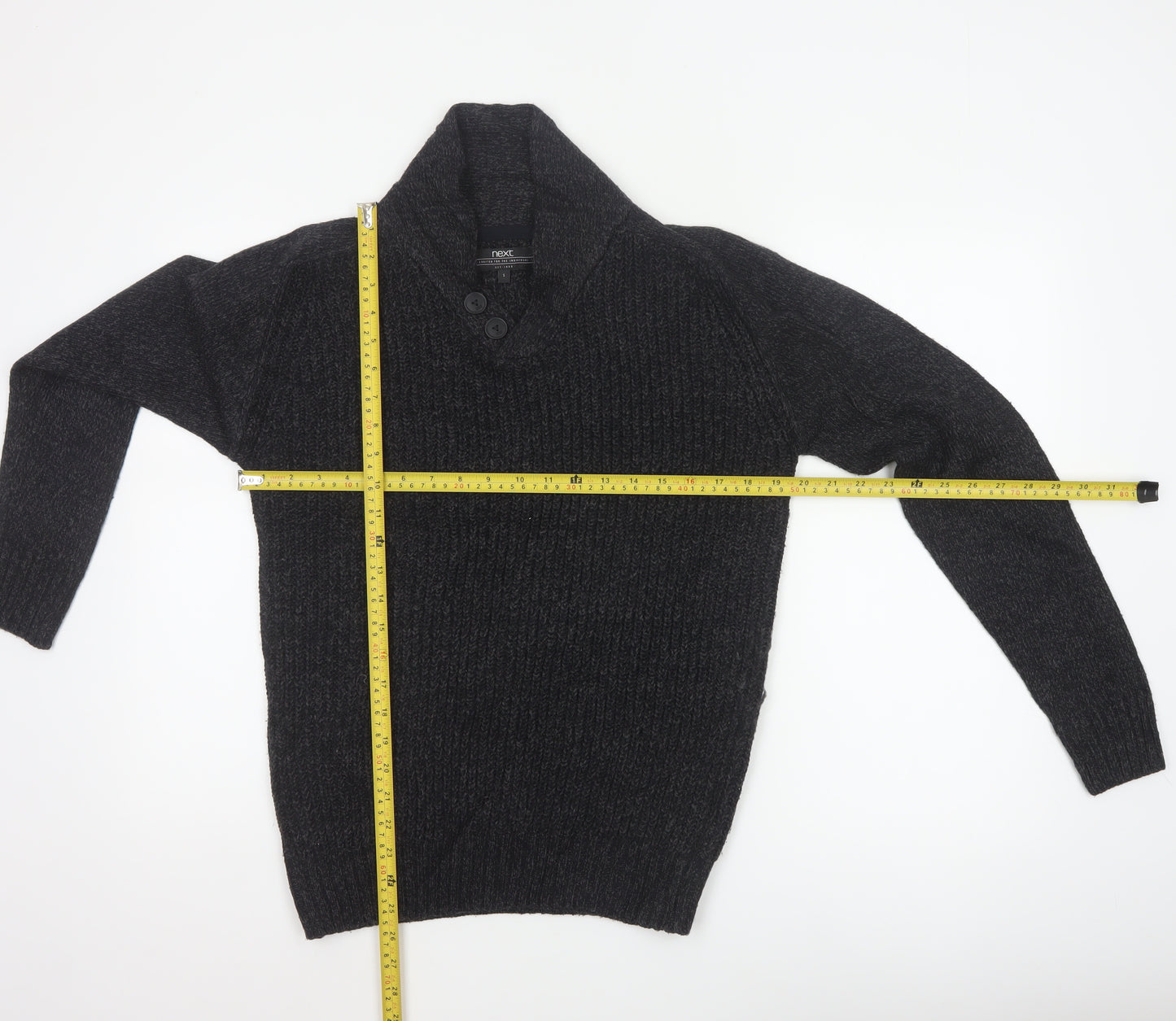 Next Men Black Small Henley Jumper Chunky Knit Button High Neck