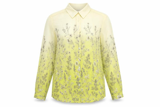 Next Petite Women Yellow Floral Sheer Button-Up Blouse UK 14 Long Sleeve