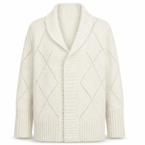 Jeff Banks Studio Women Ivory L Open Shawl Collar Argyle Knit Cardigan